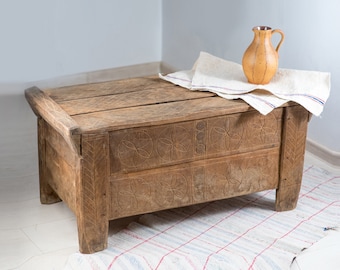 Primitive Old traditional hand carved chest, beech wood