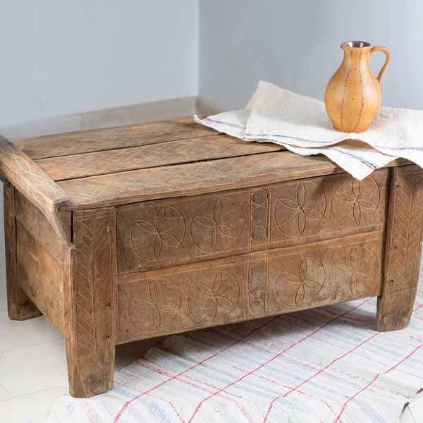 Primitive Old traditional hand carved chest, beech wood