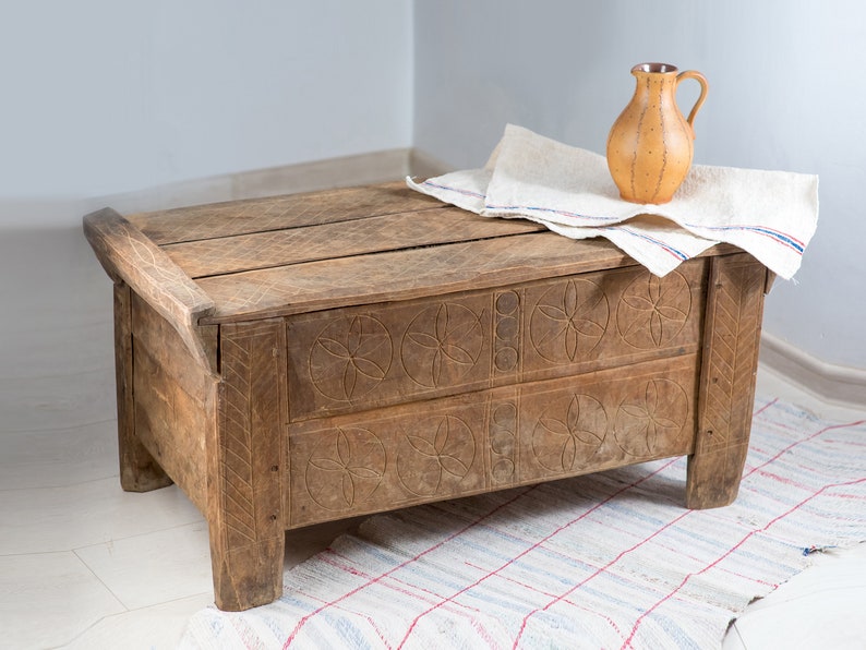 Primitive Old traditional hand carved chest, beech wood image 1