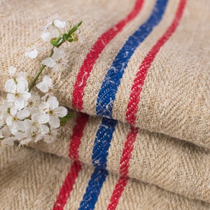 Grain Sack Fabric Red Blue stripes Antique Grain sack fabric hand made  **EUROPEAN GRAINSACKS**