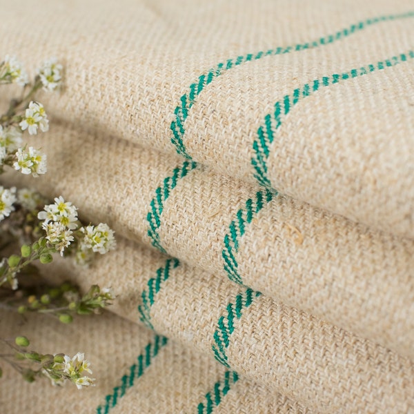 Antique Grain Sack Fabric Green stripes EUROPEAN GRAINSACKS