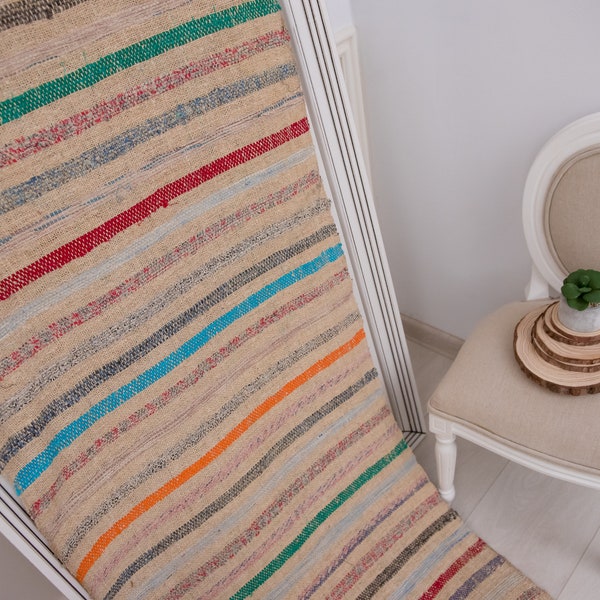 Rag Rug by yard runner by yard vintage fabric European , floor mat ,vintage striped fabric, rag rugs, hallway rugs, rustic rugs