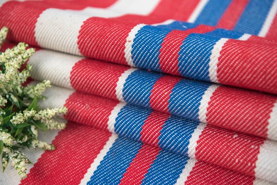 Grain Sack Fabric Blue Red Stripes Pillow Bench Cushion Grain Etsy