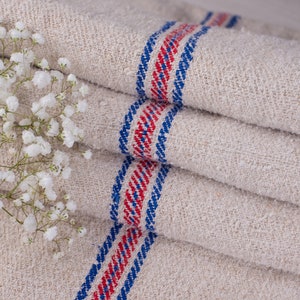 Hungarian grain sack pillowcase /  Blue Red stripes grain sack / grain sack roman shade/ Natural hemp fabric/ grain sack back stripes