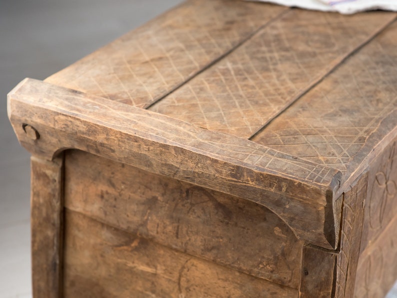 Primitive Old traditional hand carved chest, beech wood image 6