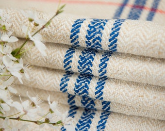 Blue stripe sack fabric / Antique European fabric **European Grain Sacks**/ flour rug