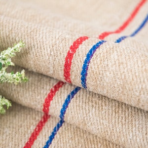 Grain Sack Fabric Red Blue stripes Antique Grain sack fabric hand made  **EUROPEAN GRAINSACKS**