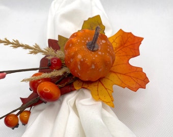 Thanksgiving Fall Farmhouse Napkin Rings decorated with Rustic Mini Pumpkin, Fall Leaves, Cotton Balls and Wooden Branches (Set of 4 or 6)