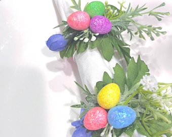 Spring Napkin Rings with Pastel Glitter Easter Eggs in a Wooden Nest, Easter Table Decorations with spring floral branches, Sets of 4 6 & 12