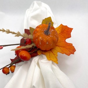 Thanksgiving Fall Farmhouse Napkin Rings decorated with Rustic Mini Pumpkin, Fall Leaves, Cotton Balls and Wooden Branches (Set of 4 or 6)