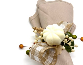 Thanksgiving Fall Farmhouse Napkin Rings decorated with Rustic White Pumpkin, Fall Leaves, Cotton Balls and Wooden Branches (Set of 4 or 6)