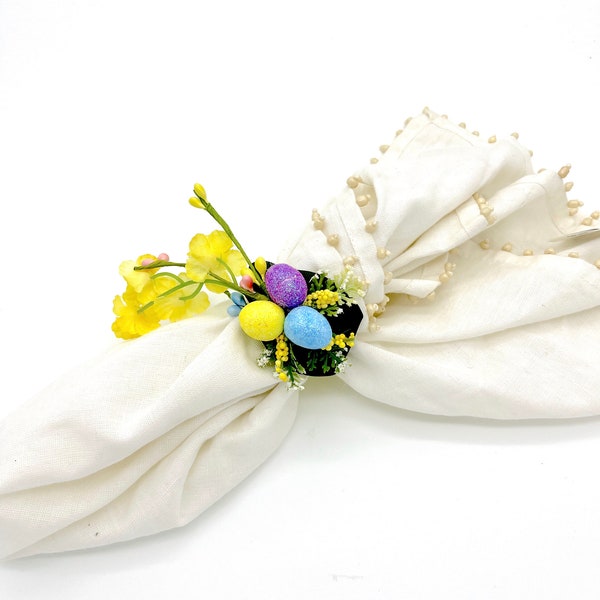Spring Napkin Rings with Pastel Glitter Easter Eggs, Easter Table Decorations with spring floral branches, Sets of 4 6 & 12