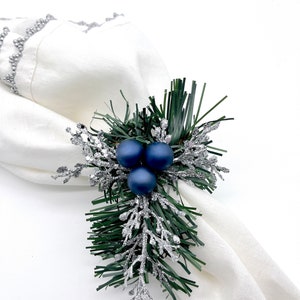 Silver Branches and Navy Blue Berries Napkin Ring Holder For Christmas & Hanukkah Dinner Table Decor , with Pine Needles Green Leaves