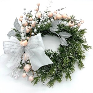 Rose Pink and Silver Christmas and Holiday Candle Holder, with Pine Needles wreath centerpiece with ribbon bow