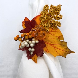 Orange Pumpkin, Fall Leaves, Cotton Balls and Wooden Branches Thanksgiving Napkin Rings