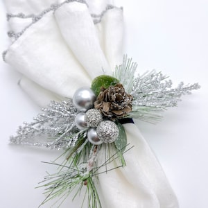 Silver Pinecone Holiday Napkin Rings, Glittered Berries Table Decor
