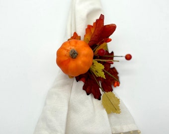 Thanksgiving Fall Farmhouse Napkin Rings decorated with Rustic Orange Pumpkin, Fall Leaves, Acorns and Wooden Branches (Set of 4 or 6)