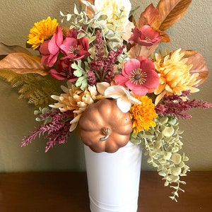 Thanksgiving and Fall Home Decor Center Piece, with Metallic copper pumpkin, Burgundy floral and waterfall greenery branches on white base
