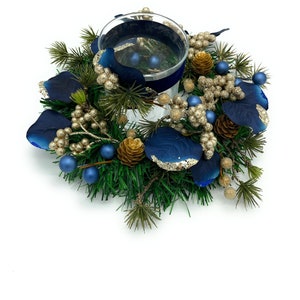 Christmas and Holiday Wreath Centerpiece with glass votive, Navy Blue, Gold glitter Branches and Leaves for Holiday & Christmas Table Decor
