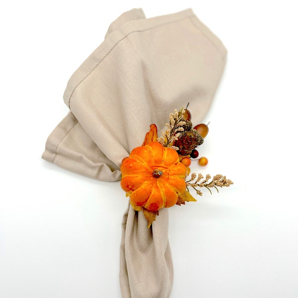 Thanksgiving Fall Farmhouse Napkin Rings decorated with Rustic Orange Pumpkin, Fall Leaves, Acorns and Wooden Branches (Set of 4 or 6)