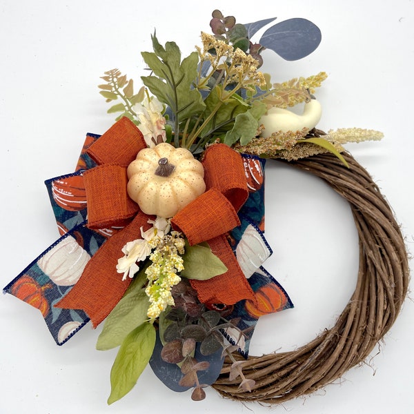 Beige on Navy Blue Pumpkins & Gourds Thanksgiving/Fall Wreath for Kitchen and Home Decor, On Grapevine Wreath Base,Burlap bows - 10 Inches