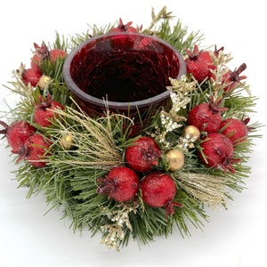 Christmas and Holiday Candle Holder with Pine-needles, With Red Berries and Gold Branches and Leaves  on Glass Votive Base | Set of 2