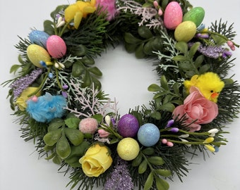 Easter Eggs Chick & Spring Florals Wreath Candle Holder,Bronze and Gold Pine Needles on Dried Grapevine Wreath Base and Pinecones - 9 Inches