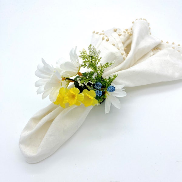 Spring Floral Napkin Rings for Weddings, Bridal Shower and Dinner parties with White Daisies, Yellow Floral branches, Baby Breath & Greenery