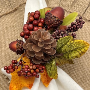 Thanksgiving Napkin Rings, Pine Cone , Orange Maple Leaves, Berry Blossoms and Fall Branches