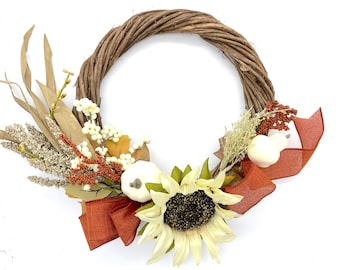 Sunflower, Pumpkin and Gourd Thanksgiving Wreath on Grapevine Base with Burnt Orange Burlap Bow and Berry Branches - 10 inches