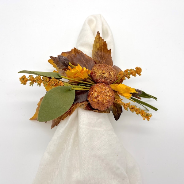 Glitter Thanksgiving pumpkin Table setting and napkin holder with yellow and orange floral and fall leaves