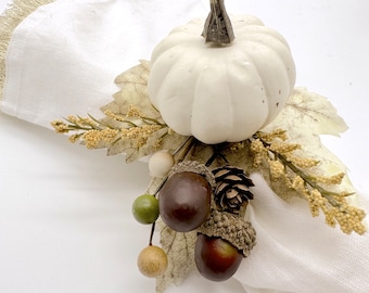 Farmhouse Thanksgiving Napkin Rings, Rustic Beige Pumpkin, Autumn Leaves