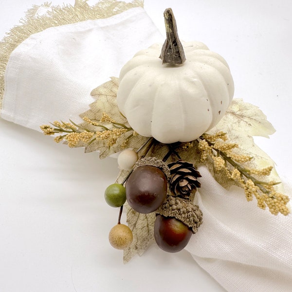 Thanksgiving Fall Farmhouse Napkin Rings decorated with Rustic Beige Pumpkin, Fall Leaves, Cotton Balls and Wooden Branches