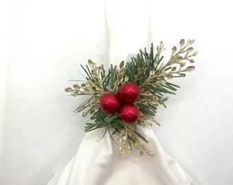 Glitter Gold Branches and Red Berries Napkin Ring Holder For Christmas Dinner Table Decor , with Pine Needles Green Leaves and Red Garland