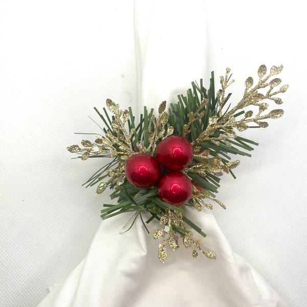 Glitter Gold Branches and Red Berries Napkin Ring Holder For Christmas Dinner Table Decor , with Pine Needles Green Leaves and Red Garland