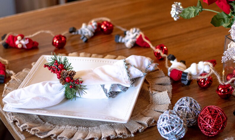 Rustic Christmas Table Decor, Napkin Rings for Holiday Dinner. Modern Farmhouse Holiday Dinner Table Decorations image 3