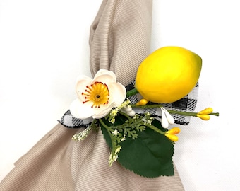 Buffalo Plaid Lemon Citrus Napkin Ring, Summer Farmhouse Table Decor