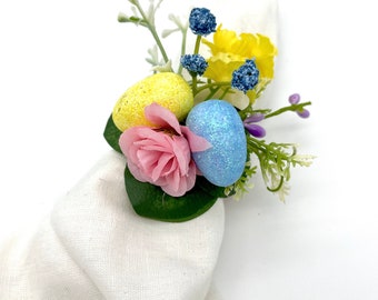 Spring Napkin Rings with Pastel Glitter Easter Eggs, Easter Table Decorations with spring floral branches, Sets of 4 6 & 12