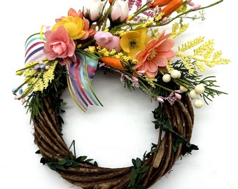 Easter Spring Colorful Florals Wreath Candle Holder, Bronze and Gold Pine Needles on Dried Grapevine Wreath Base and Pinecones - 9 Inches