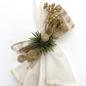 Gold and Pinecone Napkin rings with Metallic Berries, Gold  Glittered Berries and Pine Needle branches, Christmas & Holiday Table Decor