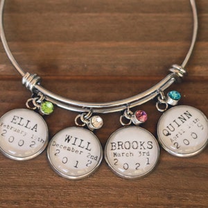 Grandmother bracelet with birthdates and birthstones, Personalized silver bangle for Mom or Grandma, Grandchildren names and dates jewelry