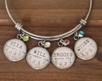 Grandmother bracelet with birthdates and birthstones, Personalized silver bangle for Mom or Grandma, Grandchildren names and dates jewelry