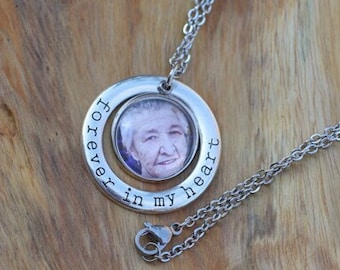 Photo memorial necklace, Remembrance gift for loss of loved one, forever in my heart charm and custom photo