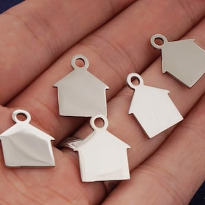 10Pcs Mirror House Shape Stainless Steel Pendant Engravable Address Pet Tag Anti-lost Keychain Charm Accessories,5/8*9/16&quot; 18 gauges