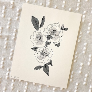 Greyscale Gardenias Art Print | Floral Art | Line Art | 8.5&quot; x 11&quot;