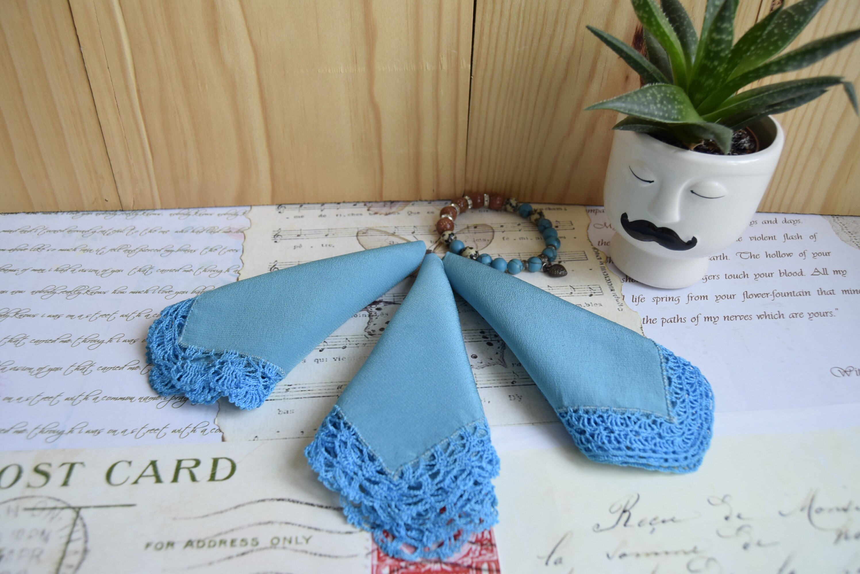 Colored Handkerchiefs,set of 3,hand Knitted Lace,vintage Silk With Lace