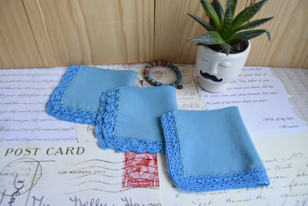 Colored Handkerchiefs,set of 3,hand Knitted Lace,vintage Silk With Lace