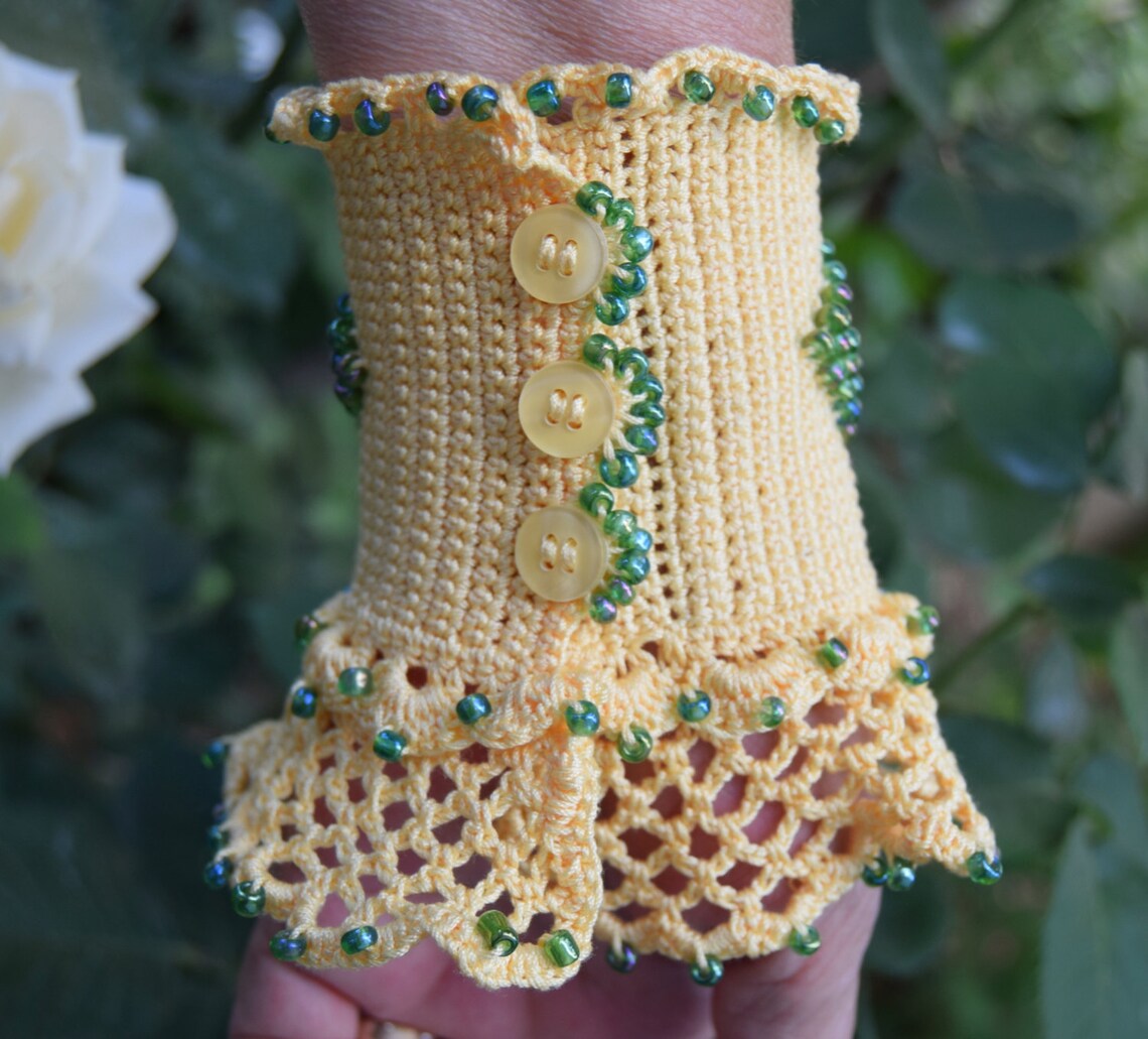 Yellow Cuff Bracelet,valentine's Day Gift, Crochet Bracelet, Beaded