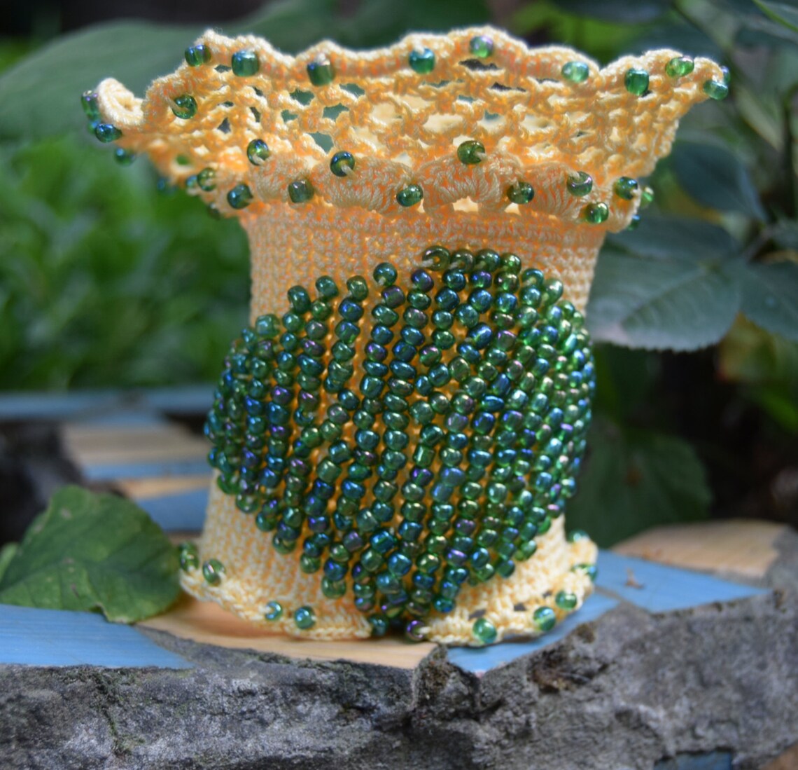 Yellow Cuff Bracelet,valentine's Day Gift, Crochet Bracelet, Beaded