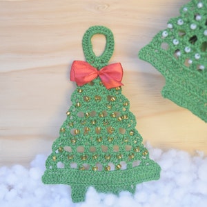 Christmas ornament Crochet decorations Christmas tree Cotton crochet Christmas trees with beads, Set of five. Christmas tree applique